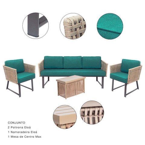 Conjunto de Área 01 Namoradeira, 02 Poltronas e Mesa - Eloa
