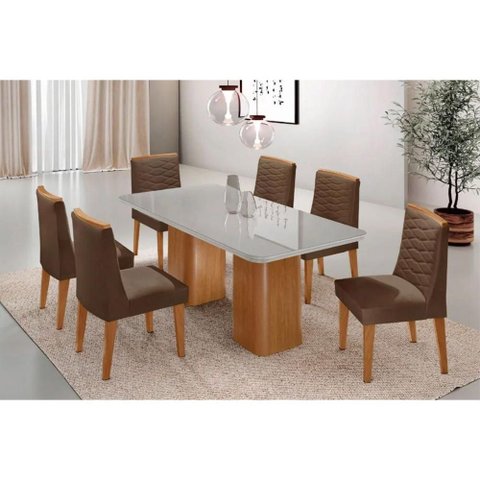 Conjunto: Mesa Sala Jantar Maldivas Tampo c/ Vidro Curvo 180cm+6 Cadeiras Maldivas Madeira Naturale/