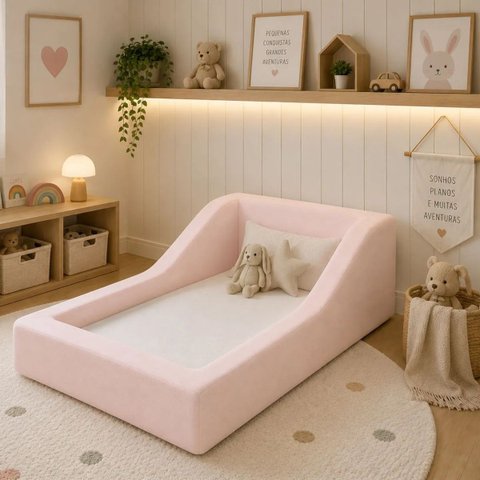 Cama Montessoriana Infantil Estofada Soft Proteção Lateral Rosa Boucle