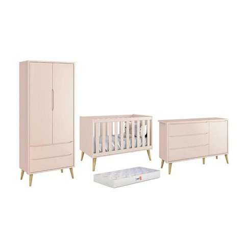 Dormitório Theo 2 Portas, Cômoda com Porta Rosa com Pés Madeira Natural e Colchão D18 - Reller M