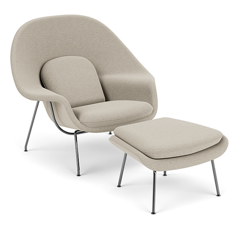 Poltrona Womb Chair com Puff em Bouclê Decorato Móveis Areia Aço Inox