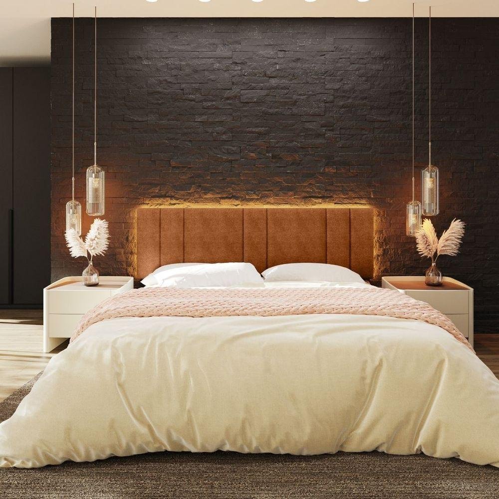 Cabeceira Estofada Iluminação Led Glow Cama King Size 200cm Buclé Terracota - 2