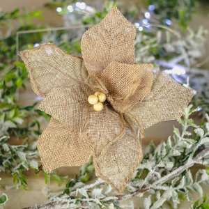 Flor de Natal Poinsettia de Juta e Linho com Botões em Madeira 27cm | Natal Encantado Formosinha
