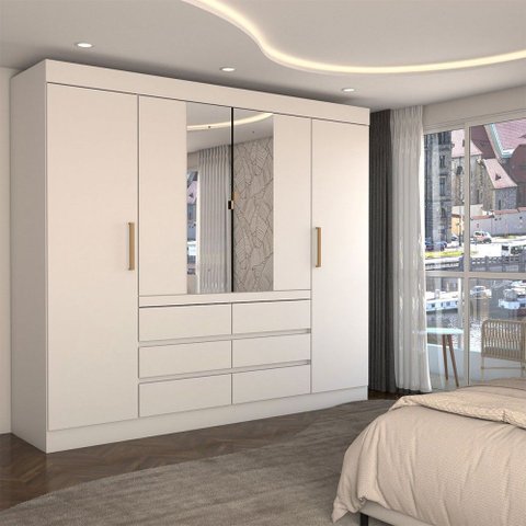 Guarda-roupa Casal Luxuria 4 Portas 6 Gavetas com Espelho Branco - Panorama Móveis