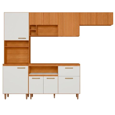 Cozinha Compacta 4 Peças 260x206 cm Balcao com Tampo Sicilia Freijo Off Ripado Frisado Poliman