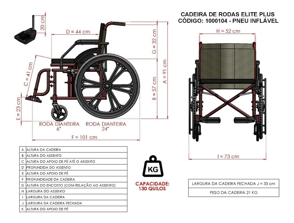 Cadeira de Rodas Elite Plus 52cm 130kg Pneu Antifuro Prolife - 7