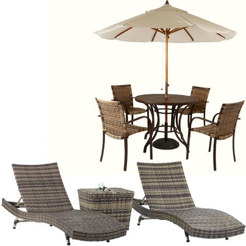 Kit 4 Cadeiras e Mesa Ascoli, 2 Espreguiçadeiras Bona e Mesa com Ombrelone Piscina, Jardim, Área Tra