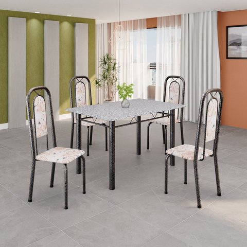 Conjunto de Mesa Tubular 120cm x 75cm Tampo Granito Ocre com 4 Cadeiras Lara Prata/Botanic Bege/Mart