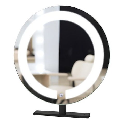 Espelho Redondo Simples C/ Iluminação e Suporte Bancada 40cm Moldura Preto