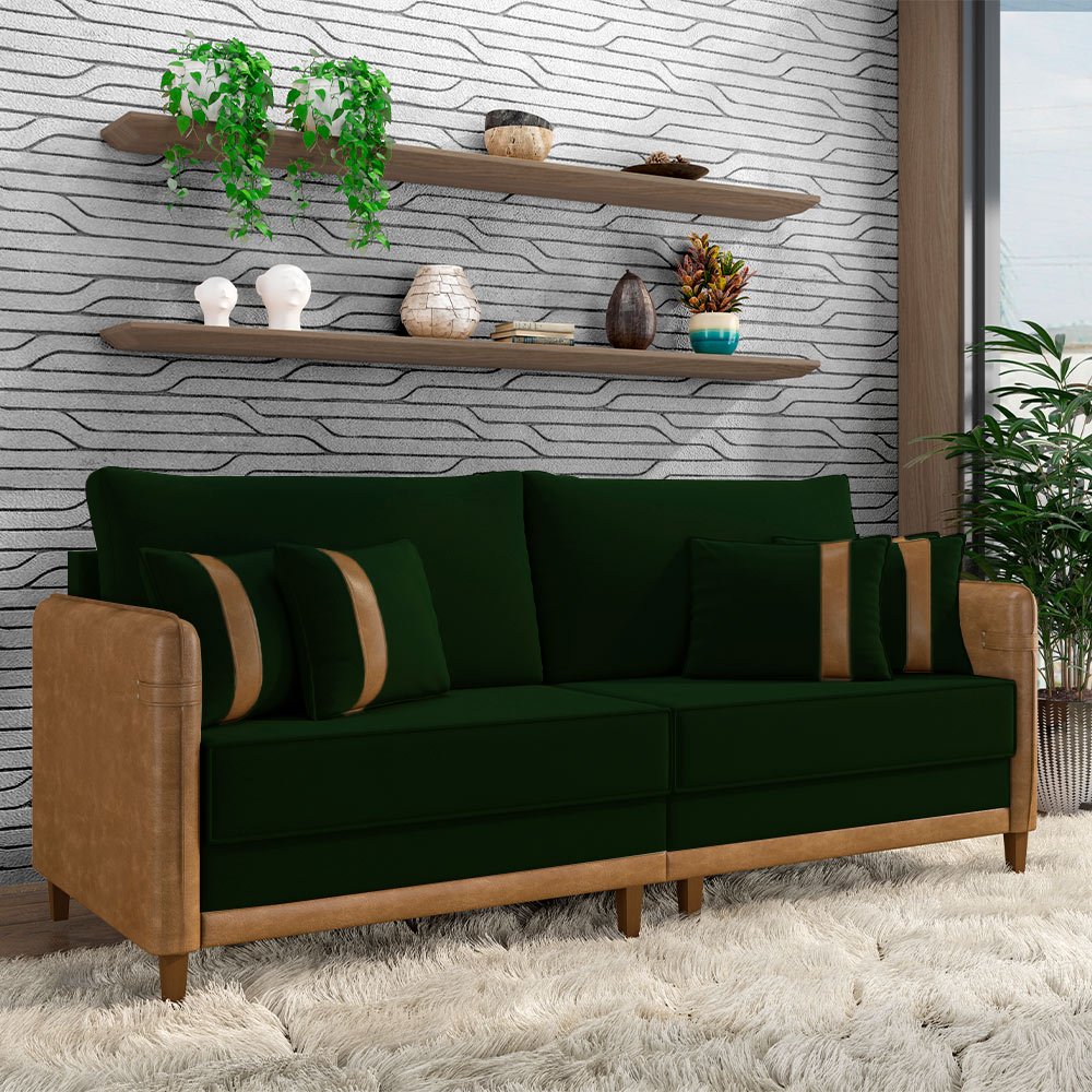Sofá Montecarlo 2 Lugares 212cm Veludo/pu Verde/caramelo | MadeiraMadeira