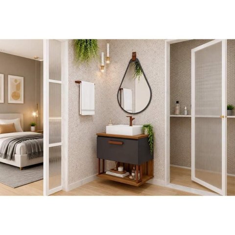 Conjunto Banheiro Gabinete Duna C-Cuba 60cm 1 Porta 1 Prateleira MDF Titânio MGM