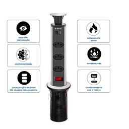 Torre Multiplug Usb 3 Tomadas Retrátil Usb-c e de Embutir - 5