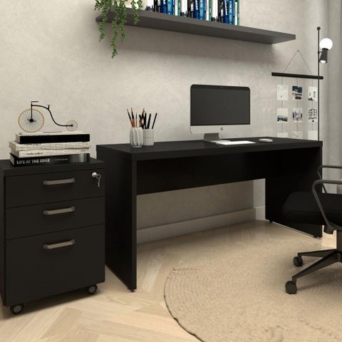 Escrivaninha 150cm com Gaveteiro 3 Gavetas Escritório F5 Cor:preto