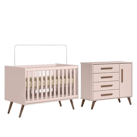 Jogo de Quarto Infantil Q Encanto Retrô com Cômoda e Berço Rosa - Qmovi