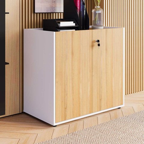 Armário Baixo 80cm com 2 Portas e Tampo Embutido para Escritório Marrom/Macadâmia com Branco