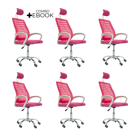 Kit 6 Cadeiras Escritório Diretor Tela Mesh com Encosto de Cabeça Rosa + E-book