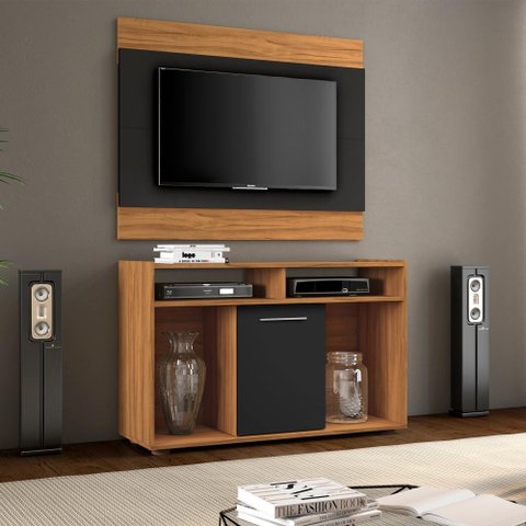 Conjunto Kit Home Painel Suspenso e Rack Bancada Para TV Até 43" Sala Estar Marrom Madeira Preto