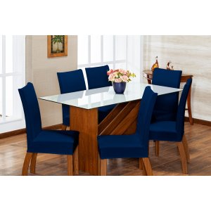 Kit Capa de Cadeira 4 Peças Sala de Jantar Protege o Estofado Renova o Visual Malha Gel Azul Marinho