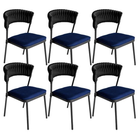 Kit 6 Cadeiras Nice Alumínio Tricô Náutico Assento Estofado Preto e Azul Acesse Móveis