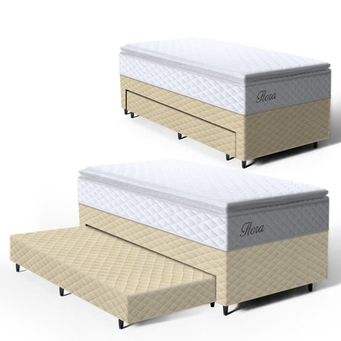 Cama Box com Colchão de Molas Ensacadas Pillow Top Flora + Auxiliar de Espuma Unique Solteiro 88cm