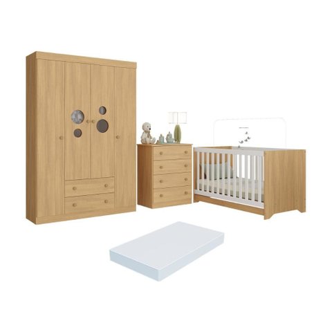 Quarto de Bebê Completo Berço Americano 3 em 1 Colchão Pirulito Multimóveis Mp4633 Madeirado