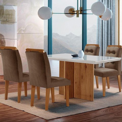 Mesa Olímpia 120cm Mdf Vidro Canto Reto Com 4 Cadeiras