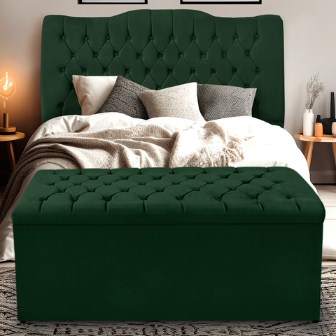 Kit Cabeceira e Calçadeira Baú Dunas Queen 160 Cm - Veludo Verde