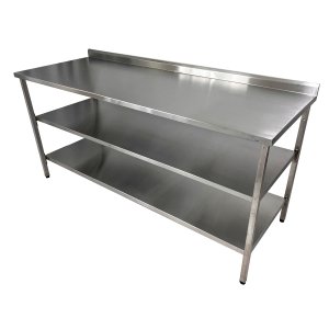 Mesa de Aço Inox Industrial 150x60x90 Cm com 2 Prateleiras Plano Liso com Espelho Nortinox Stander