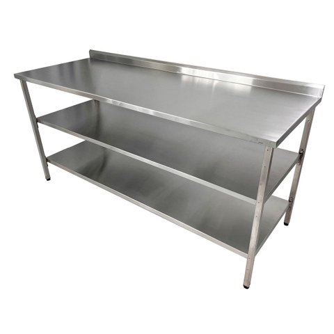 Mesa de Aço Inox Industrial 150x60x90 cm com 2 Prateleiras Plano Liso com Espelho Nortinox Stander