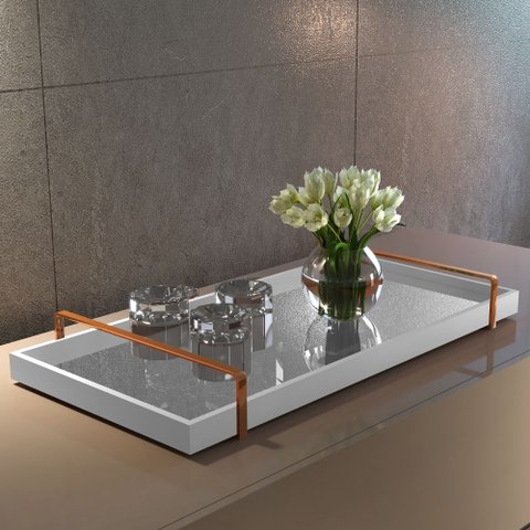 Bandeja Decorativa Espelhada Alça Cobre Larflex Branca
