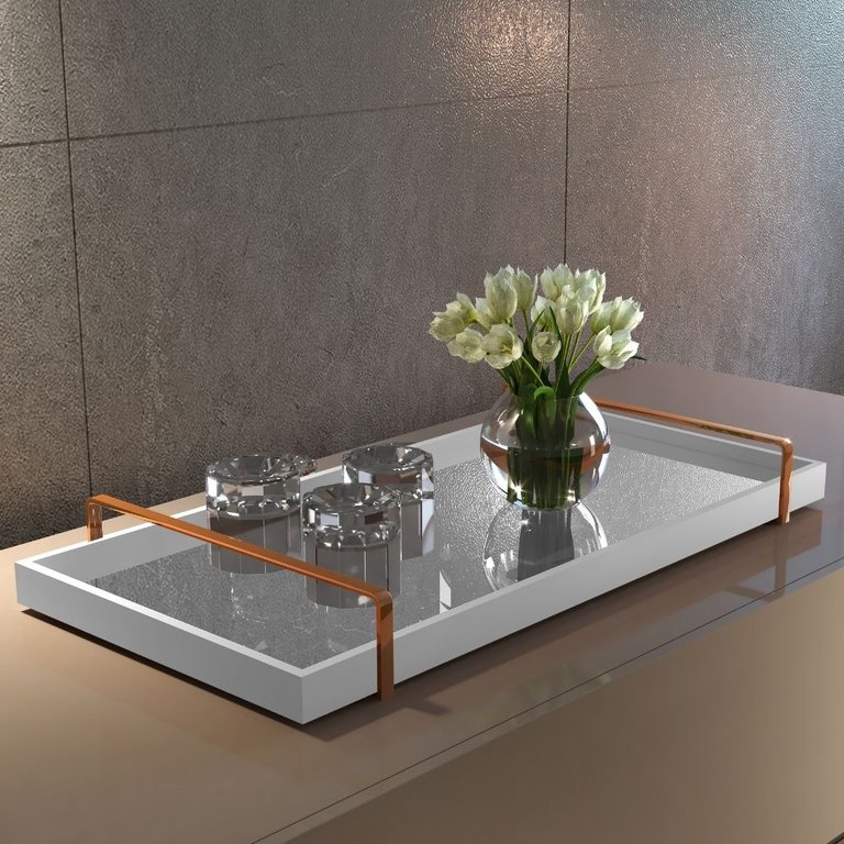 Bandeja Decorativa Espelhada Alça Cobre Larflex Branca