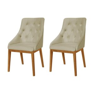 Kit 2 Cadeiras de Jantar Luxo Estofada Elisa Anatômica Capitonê Veludo Bege Base Madeira Maciça