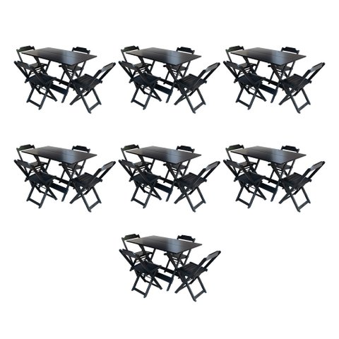 Kit 7 Jogos de Mesa Dobravel com 4 Cadeiras de Madeira 120x70 para Restaurante e Bar - Preto