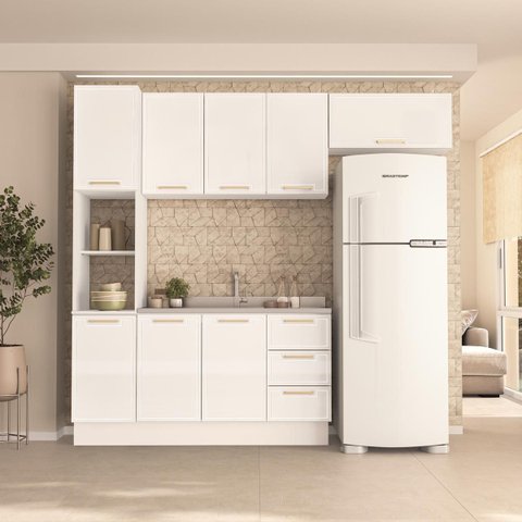 Cozinha Amara 4 Peças 240x224,5cm Armários Aéreos Paneleiro Balcão Rodapé Branco 250084