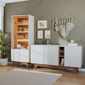 Conjunto Cristaleira 4 Portas com Led e Buffet Sala de Jantar 3 Portas com Nicho Noronha