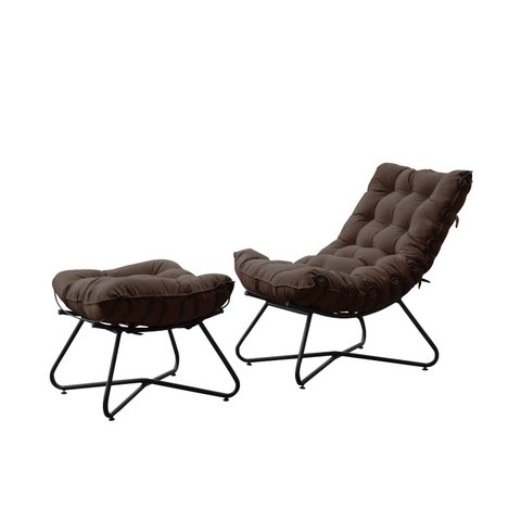 Poltrona Costela Luxo com Puff Eva Metal Preto Veludo Marrom