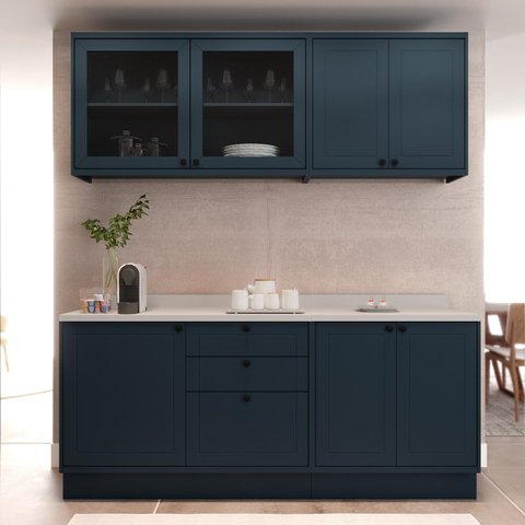 Cozinha Compacta Modulada 7 Portas 3 Gavetas 100% MDF 2 Tampos Sevilha Azul/Órion