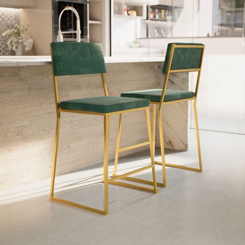 Kit 4 Banquetas Média Balcão Estofada com Encosto Dourada Suede Dubai