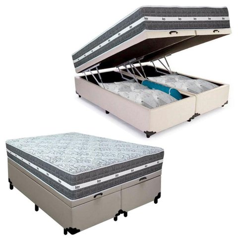 Cama Box Baú Casal Bipartido Sintético + Colchão Anjos Black Graphite Molas Ensacadas 138cm