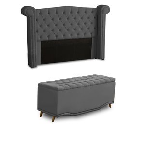 KIT + Cabeceira Com Recamier Baú Dunas Princesa em captonê 0,90 solteiro Cama Box Cinza Veludo Dalaq