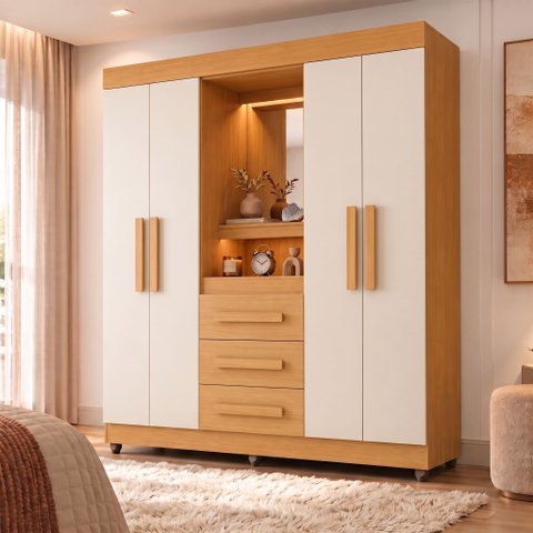 Guarda-Roupa Casal com Espelho 4 Portas 3 Gavetas com LED Bege Cinamomo Off White Rio de Janeiro