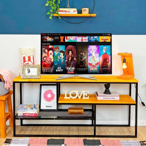 Rack de TV Style Industrial de Ferro e Madeira Carvalho e Preto