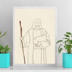 Quadro Jesus com Cajado - One Line 24x18cm:moldura Branca