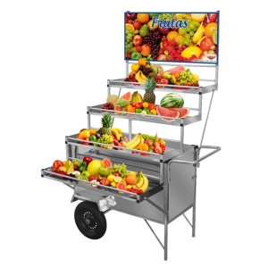 Carrinho Expositor de Frutas Inox com Toldo Rodas Pneumáticas Cefaz