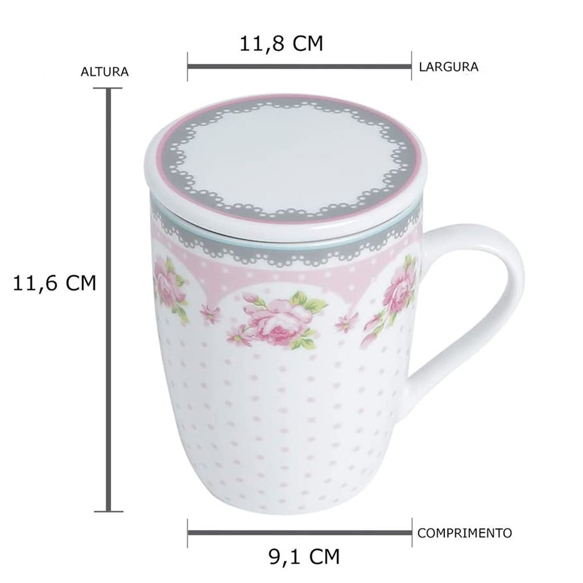 Jogo de Caneca Porcelana para Chá 310ml com Tampas e Infusor Inox 6 Peças Lyor Rosa - 3