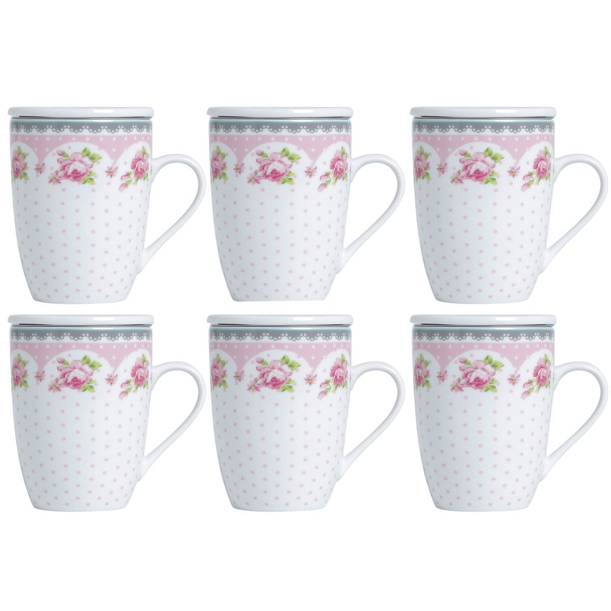 Jogo de Caneca Porcelana para Chá 310ml com Tampas e Infusor Inox 6 Peças Lyor Rosa