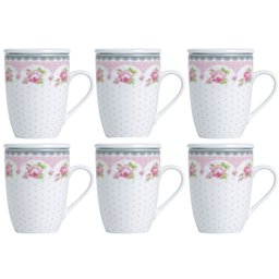 Jogo de Caneca Porcelana para Chá 310ml com Tampas e Infusor Inox 6 Peças Lyor Rosa - 1