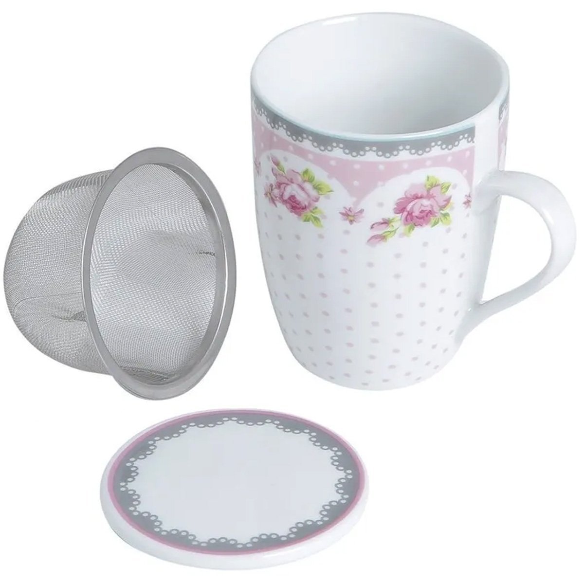 Jogo de Caneca Porcelana para Chá 310ml com Tampas e Infusor Inox 6 Peças Lyor Rosa - 4