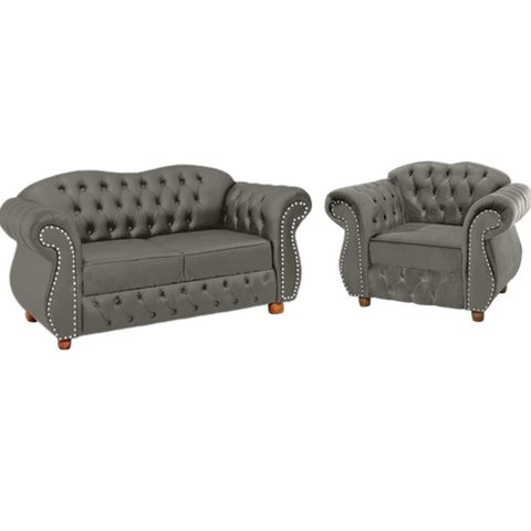 Uma Namoradeira Chesterfield Merlo + Uma Poltrona - Suede Cinza Chumbo/ decoração, recepção, sala