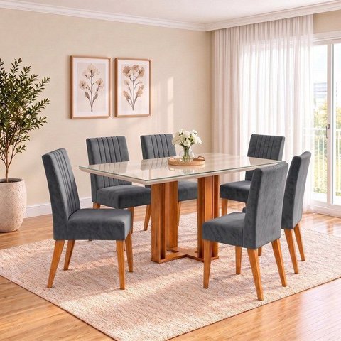 Conjunto Sala de Jantar Mesa Manu 160cm Tampo MDF e Vidro Canto Reto 6 Cadeiras Lily